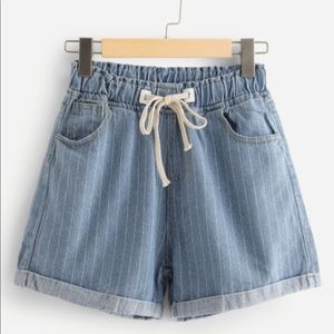 Pinstripe Drawstring Waist Denim Shorts